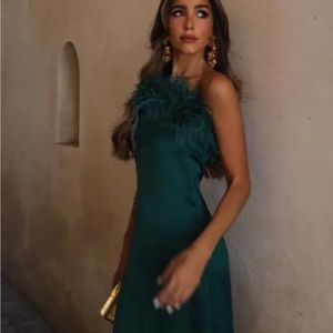ZARA WOMAN MIDI FITTED SATIN DRESS WITH FEATHERS BOTTLE GREEN 7844/934 NWT